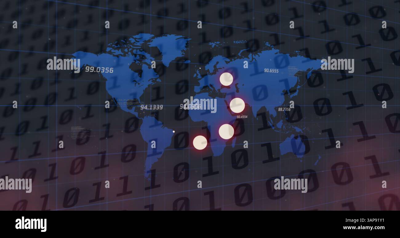 Image of loading circles icons and binary coding, numbers changing over world map Stock Photo