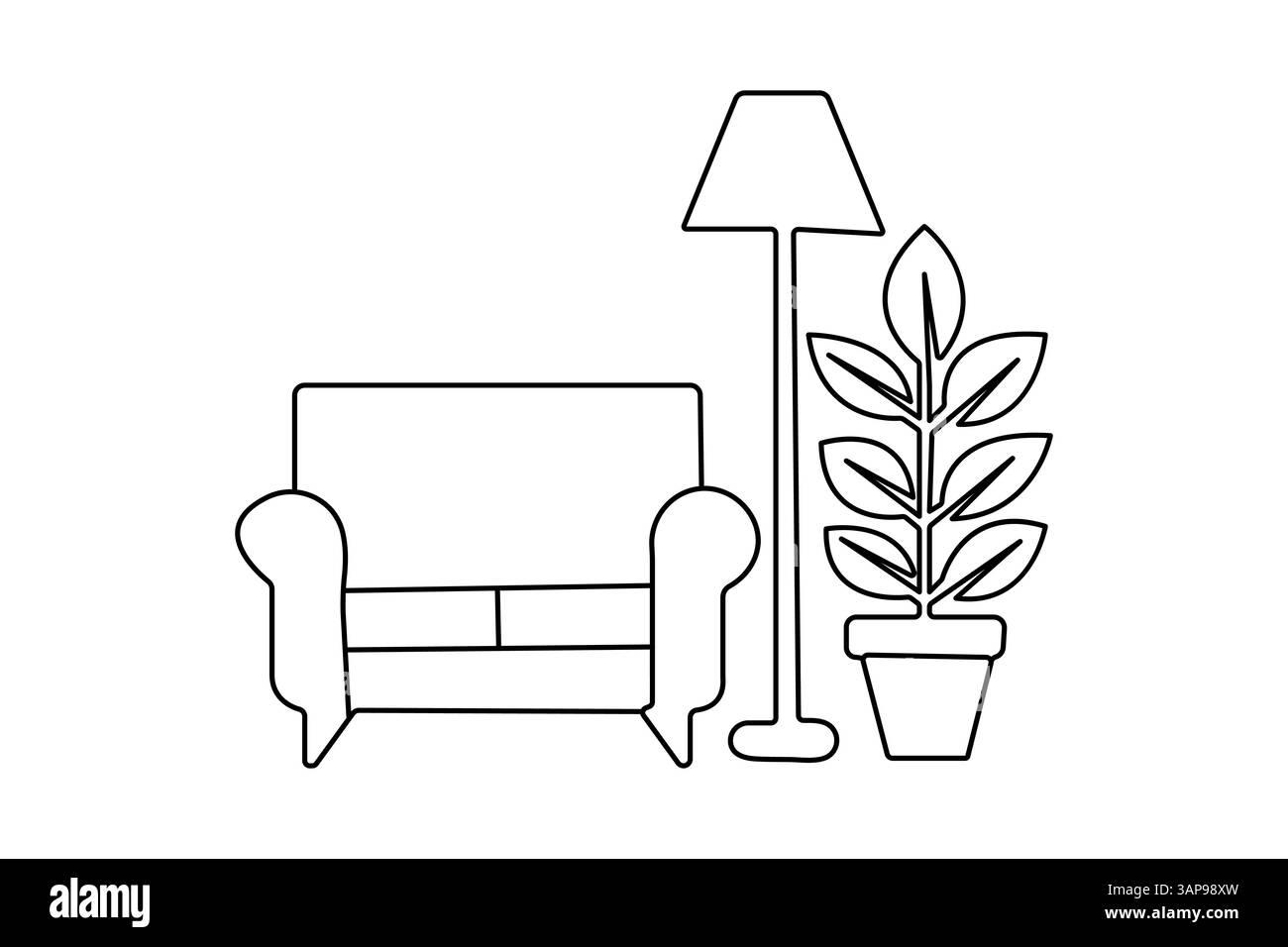 Sofa with lamp and potted one line art with minimalist isolated outline ...
