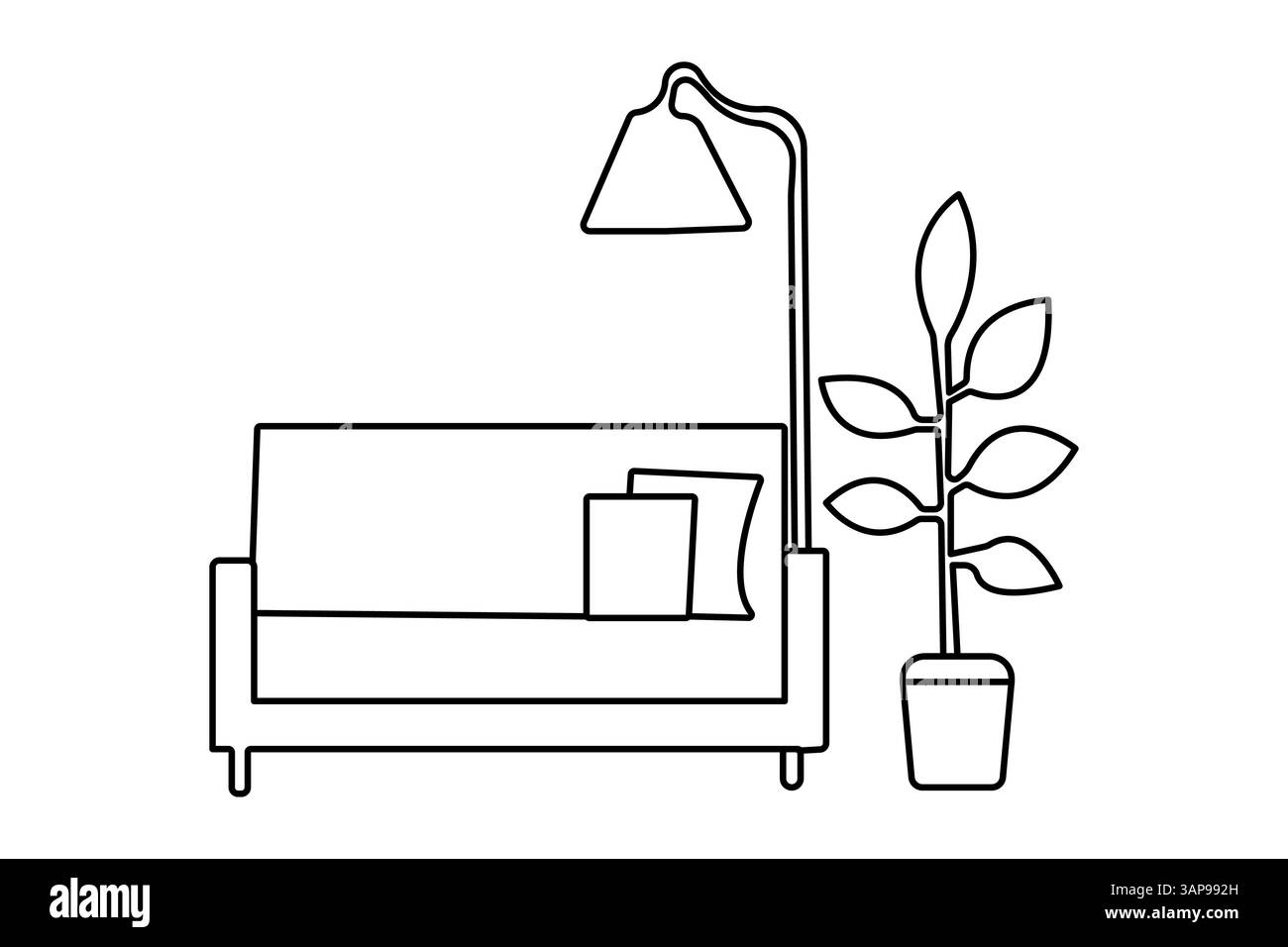 Sofa with lamp and potted one line art with minimalist isolated outline ...