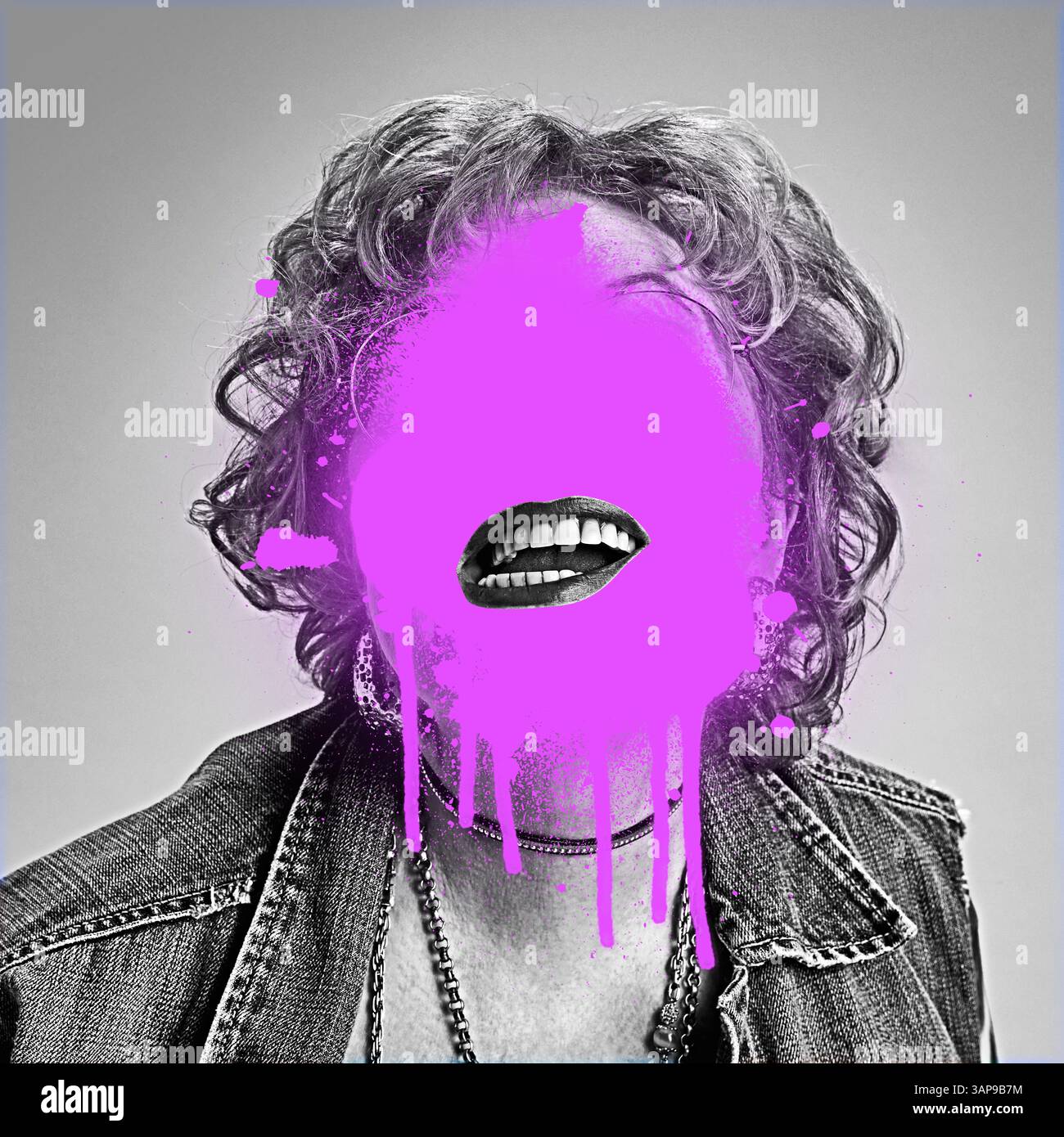 Pink Portrait Contemporary portrait. Person in denim jacket smiling, pink paint over ...