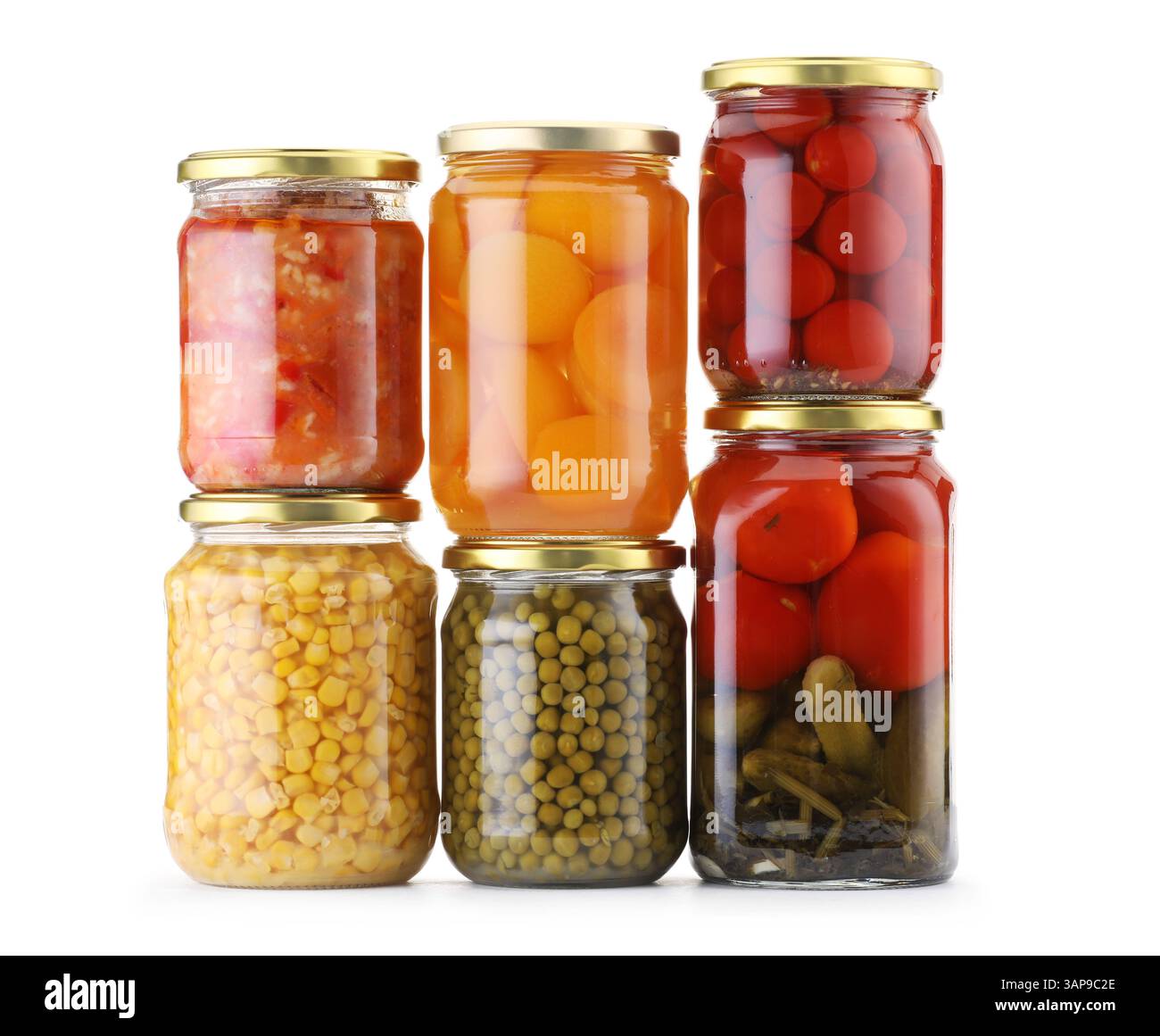 Many jars with different pickled products isolated on white Stock Photo
