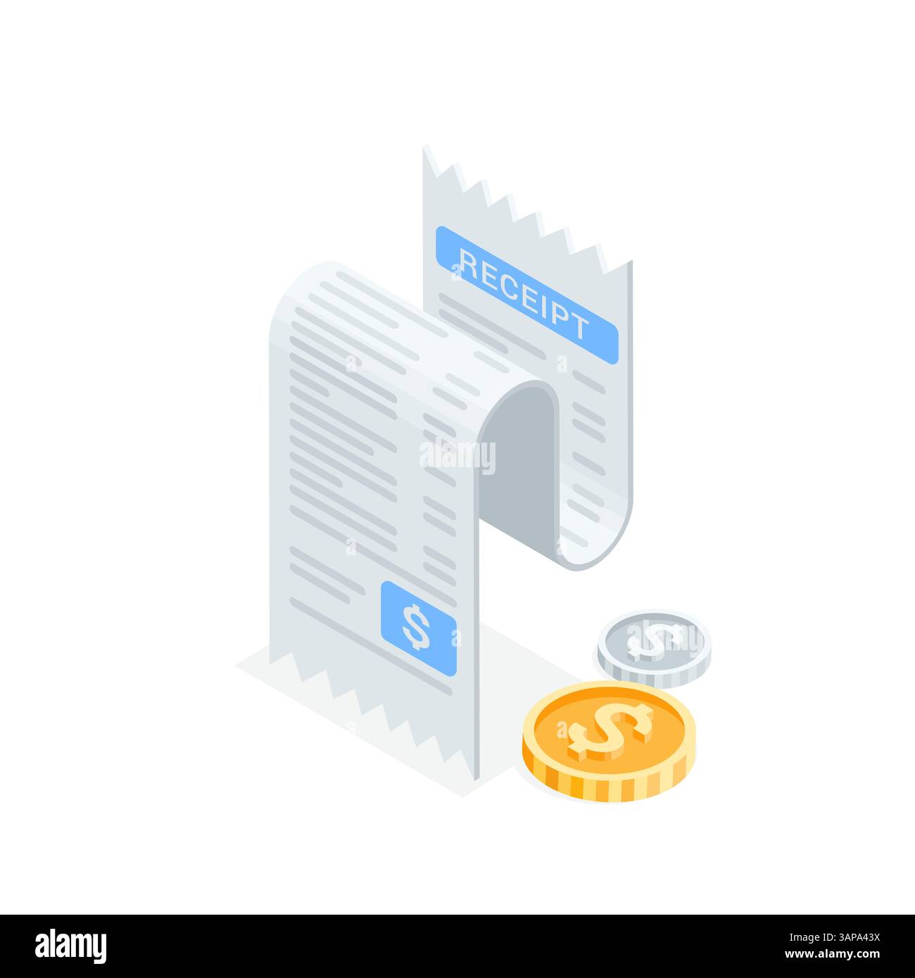 isometric vector cash receipt and coins with dollar icon, in color on white background, shopping or taxes Stock Vector