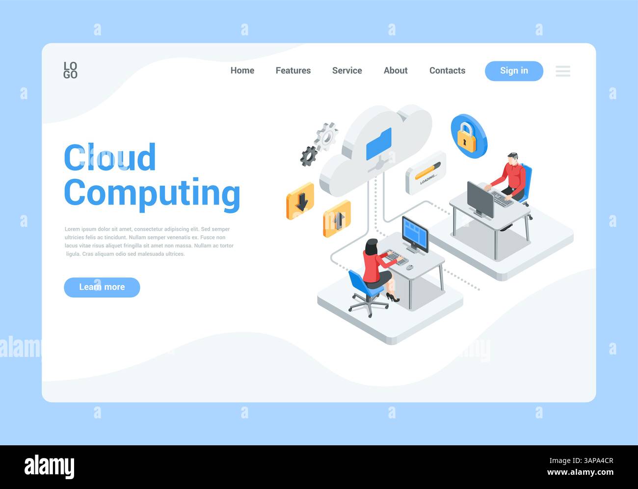 isometric vector landing page cloud computing, in color on a white background, people working at a computer with data from cloud Stock Vector