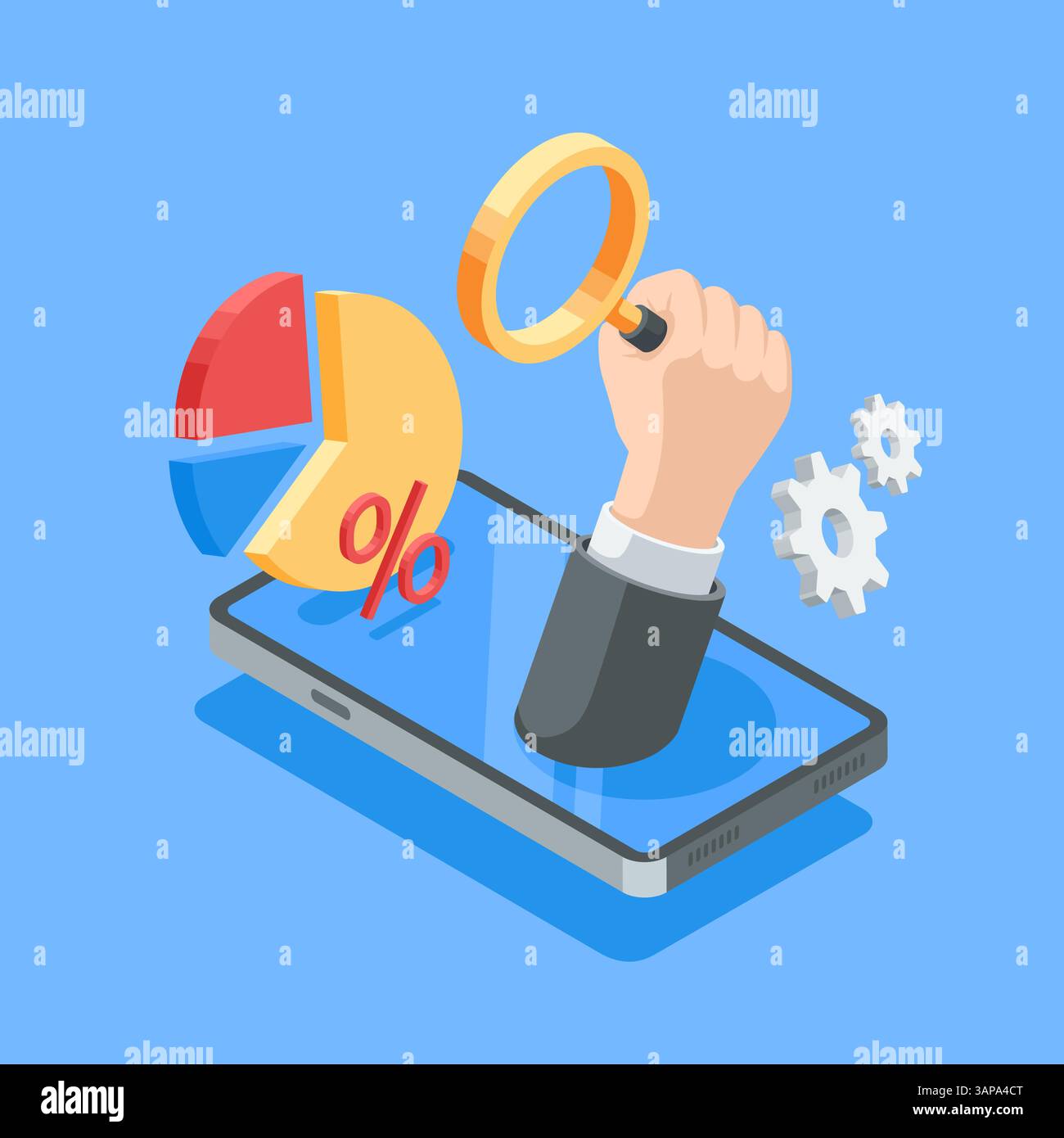 isometric vector male hand raised up holding a magnifying glass and chart on smartphone screen, in color on a blue background, analytics and verificat Stock Vector