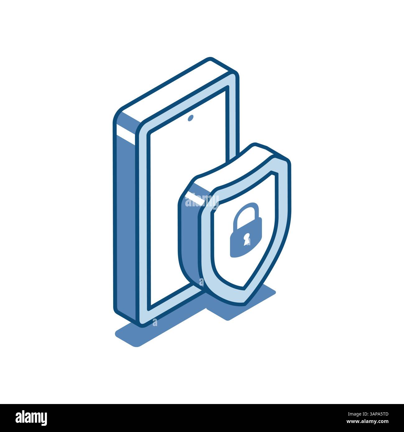 isometric vector smartphone and shield with lock linear icon, in color on a white background, gadget protection or strong password Stock Vector