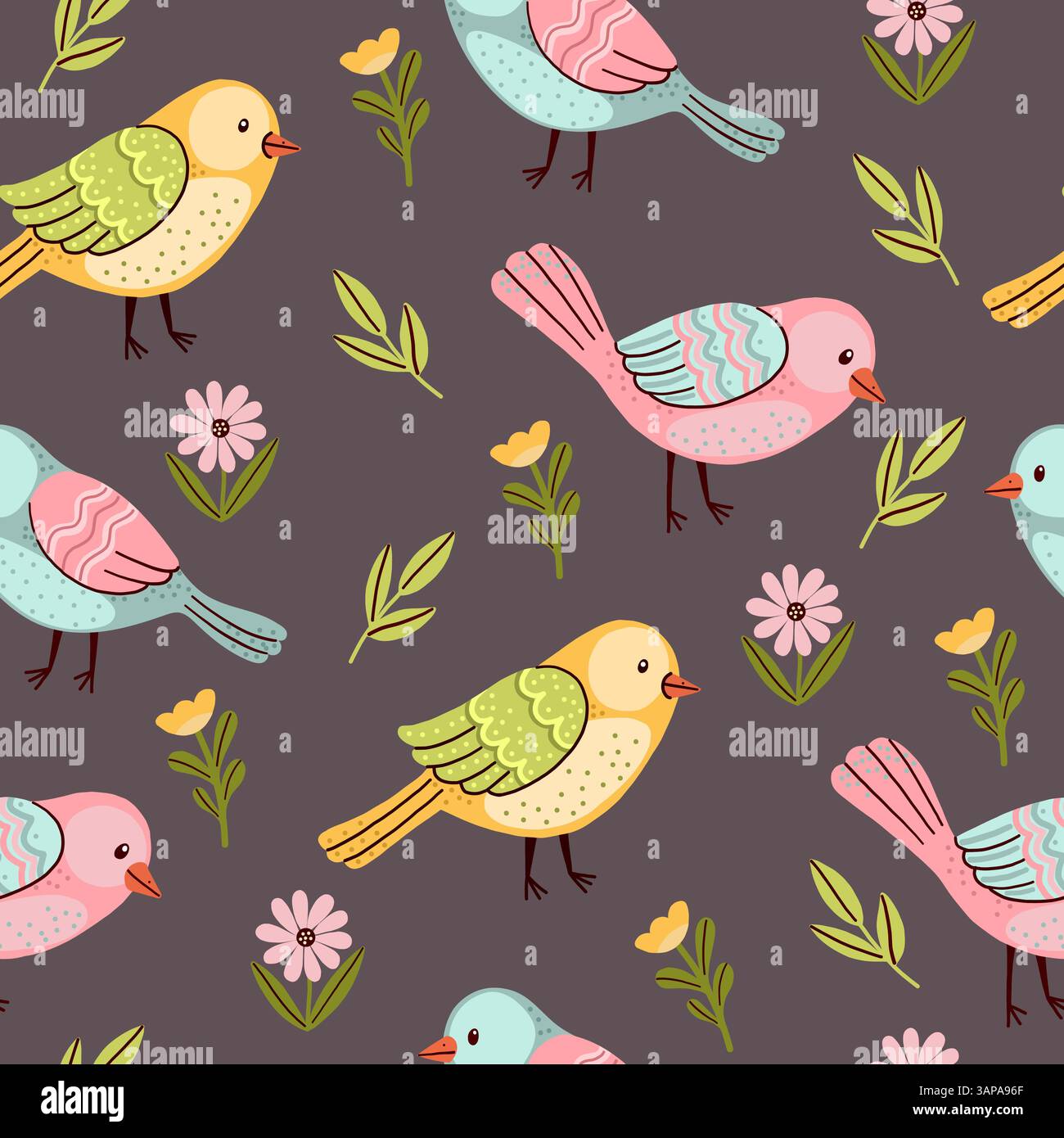 Cute Fantasy Birds Pattern on Dark Background Stock Vector