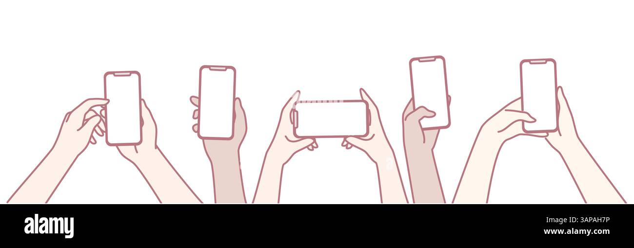 A variety of diverse hands are holding smartphones, capturing unique moments in our modern digital culture Stock Vector