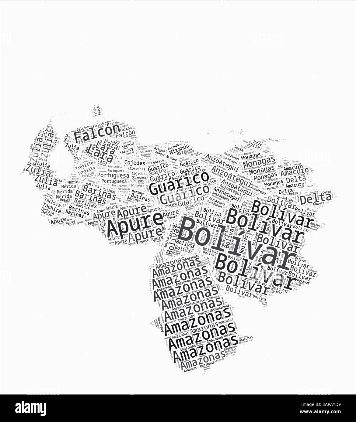 Venezuela text style regions. Country region names word clouds in Spanish language. Trending vector illustration. Stock Vector