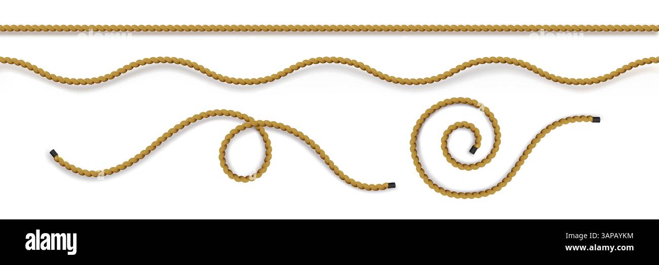 Rope string collection - wavy curved lines tied in loops. Realistic ...