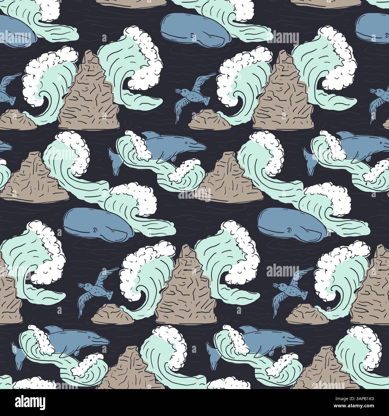 Seamless pattern with waves and sea life on black background. Hand drawn style kids room wallpaper with ocean creatures and water Stock Vector
