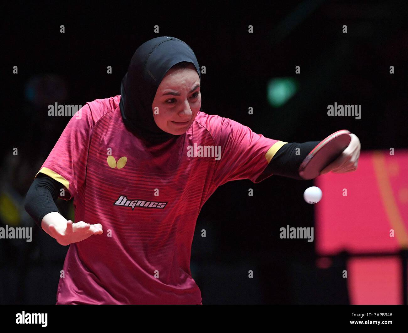 Macao, China. 16th Apr, 2025. Dina Meshref hits a return during the ...