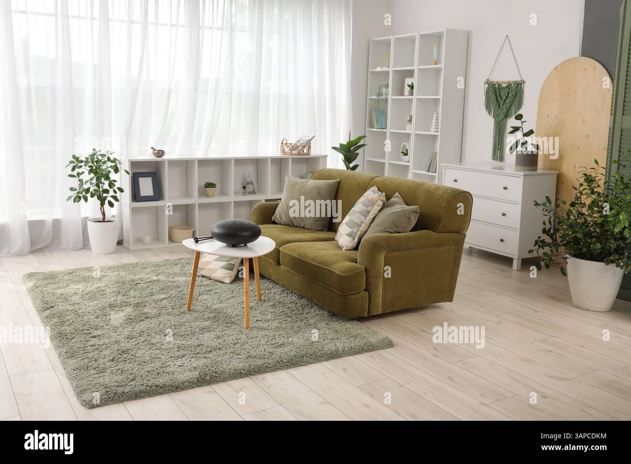 Interior of living room with green sofa and glucophone on table Stock Photo