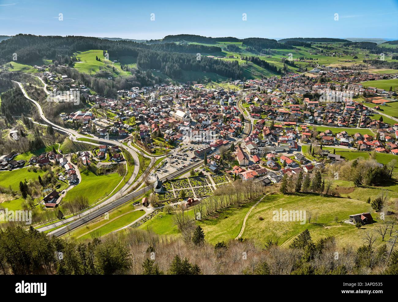 aerial photo of the of the city of Oberstaufen in the Allgaeu Alps ...