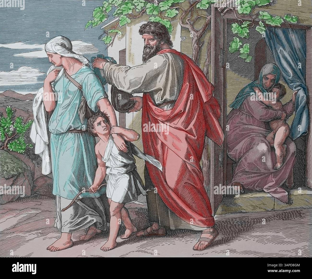 Old Testament.  Ishmael and his mother are driven out. Genesis.  Illustration by J. Schnorr von Carolsfeld. "The Picture Bible", 1852-60. Stock Photo