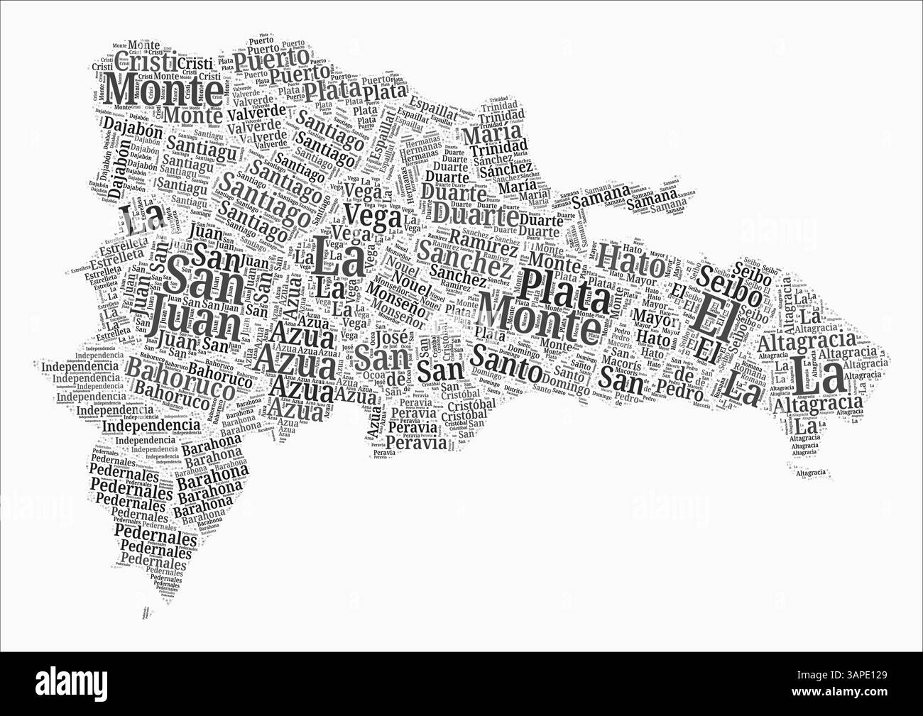 Dominican Republic text style regions. Country region names word clouds in Spanish language. Stylish vector illustration. Stock Vector