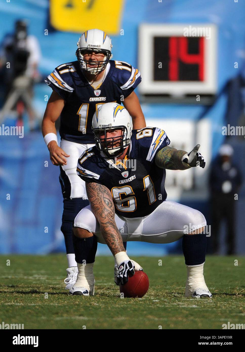 August 11, 2011: QB Philip Rivers #17 and #61 Center Nick Hardwick of the Chargers in action during the NFL Preseason game between the Seattle Seahawks and the San Diego Chargers at Qualcomm Stadium in San Diego, CA(Credit Image: © John Green/Cal Sport Media/ZUMAPRESS.com) Stock Photo