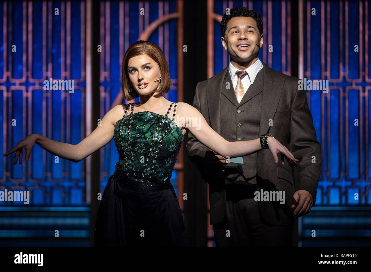 London, UK. 16 April 2025. (L) Amber Davies as Jordan Baker and Corbin ...