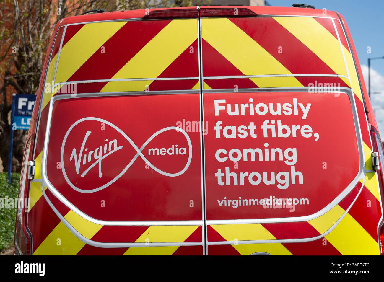 Slough, UK. 16th April, 2025. A Virgin Media van with an advert for Ultrafast Broadband. Credit: Maureen McLean/Alamy Stock Photo