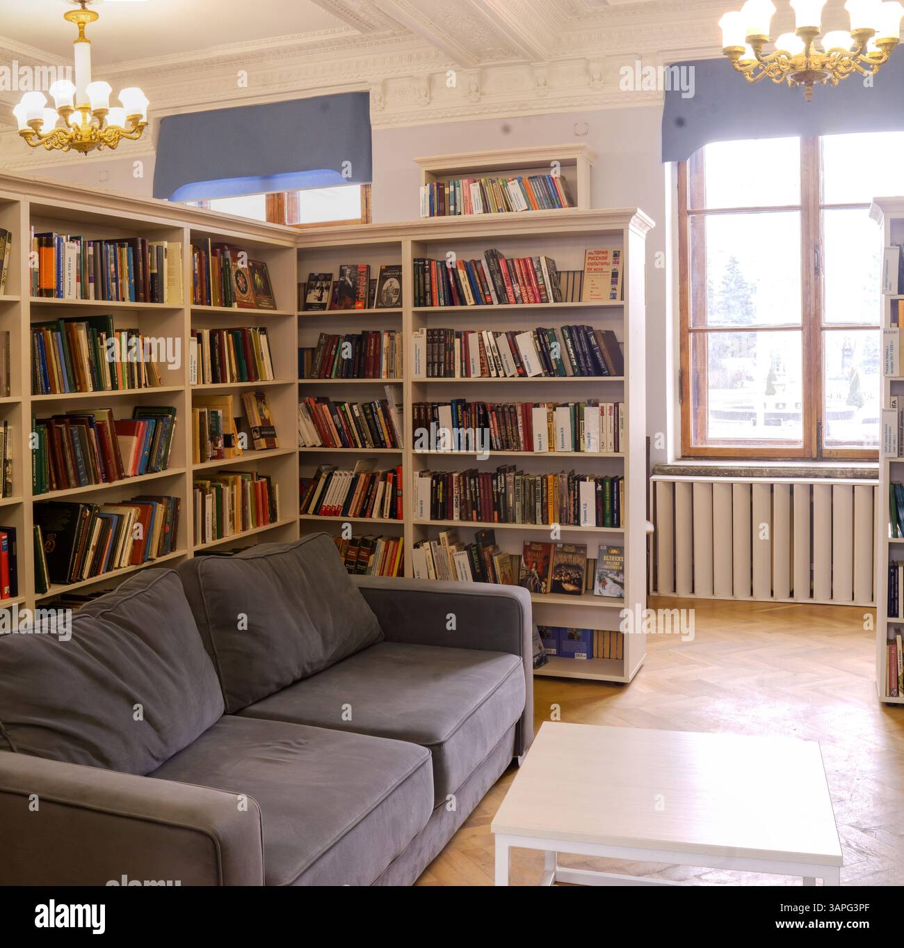 Perm, Russia - April 13, 2025: Interior of public library with a sofa ...