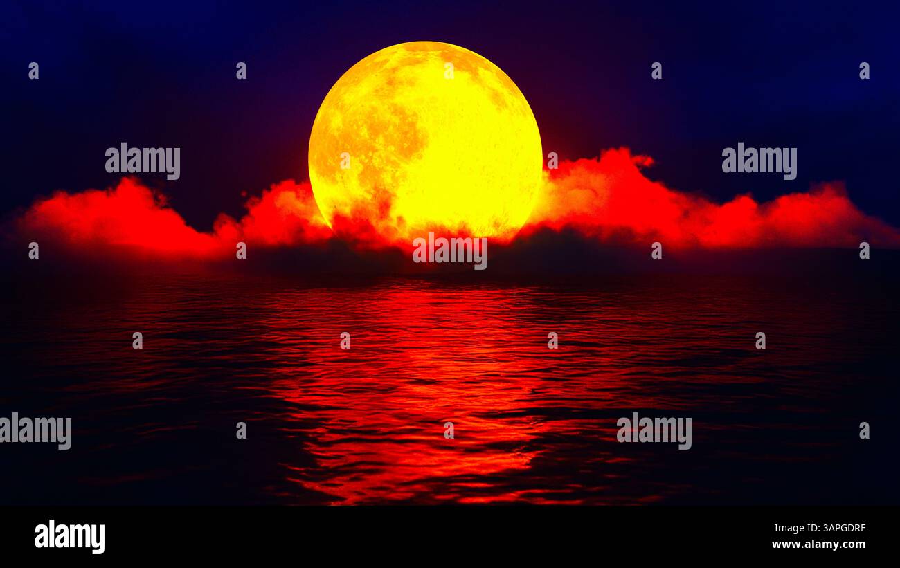 blood red moon over the ocean (3d rendering,this image elements furnished by NASA) Stock Photo