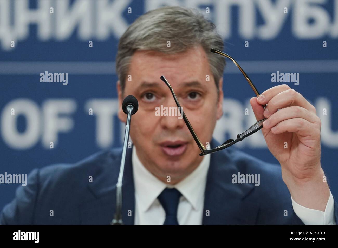 Serbian President Aleksandar Vucic speaks during a public address in ...