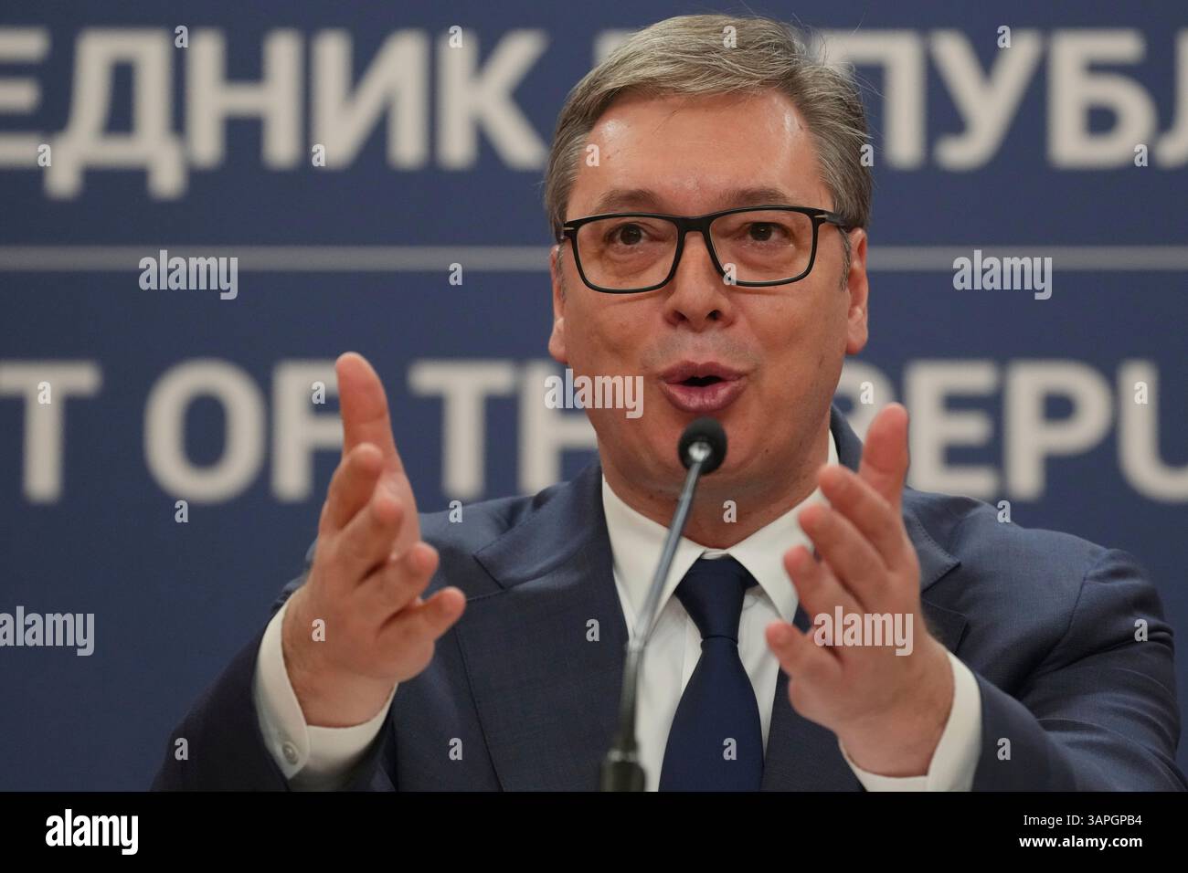 Serbian President Aleksandar Vucic speaks during a public address in ...
