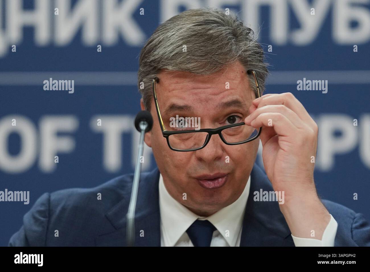 Serbian President Aleksandar Vucic speaks during a public address in ...