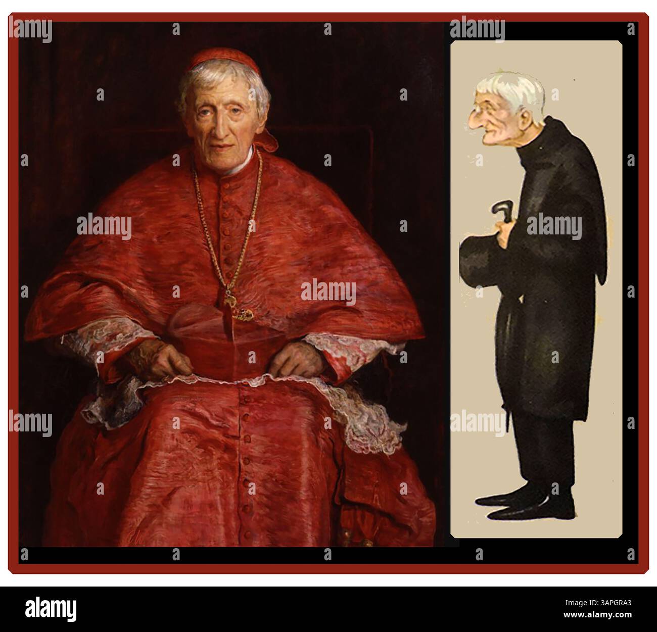Portrait and political cartoon of Cardinal Newman. John Henry Newman  ( 1801 –  1890) was an English Catholic (formerly Anglican) theologian, academic, hymn writer,  historian, writer, philosopher and poet. He was also   canonised as a Catholic saint in 2019 - Ritratto e vignetta politica del Cardinale Newman. John Henry Newman (1801-1890) è stato un teologo, accademico, storico, scrittore, filosofo e poeta cattolico inglese (precedentemente anglicano). È stato canonizzato nel 2019. Stock Photo