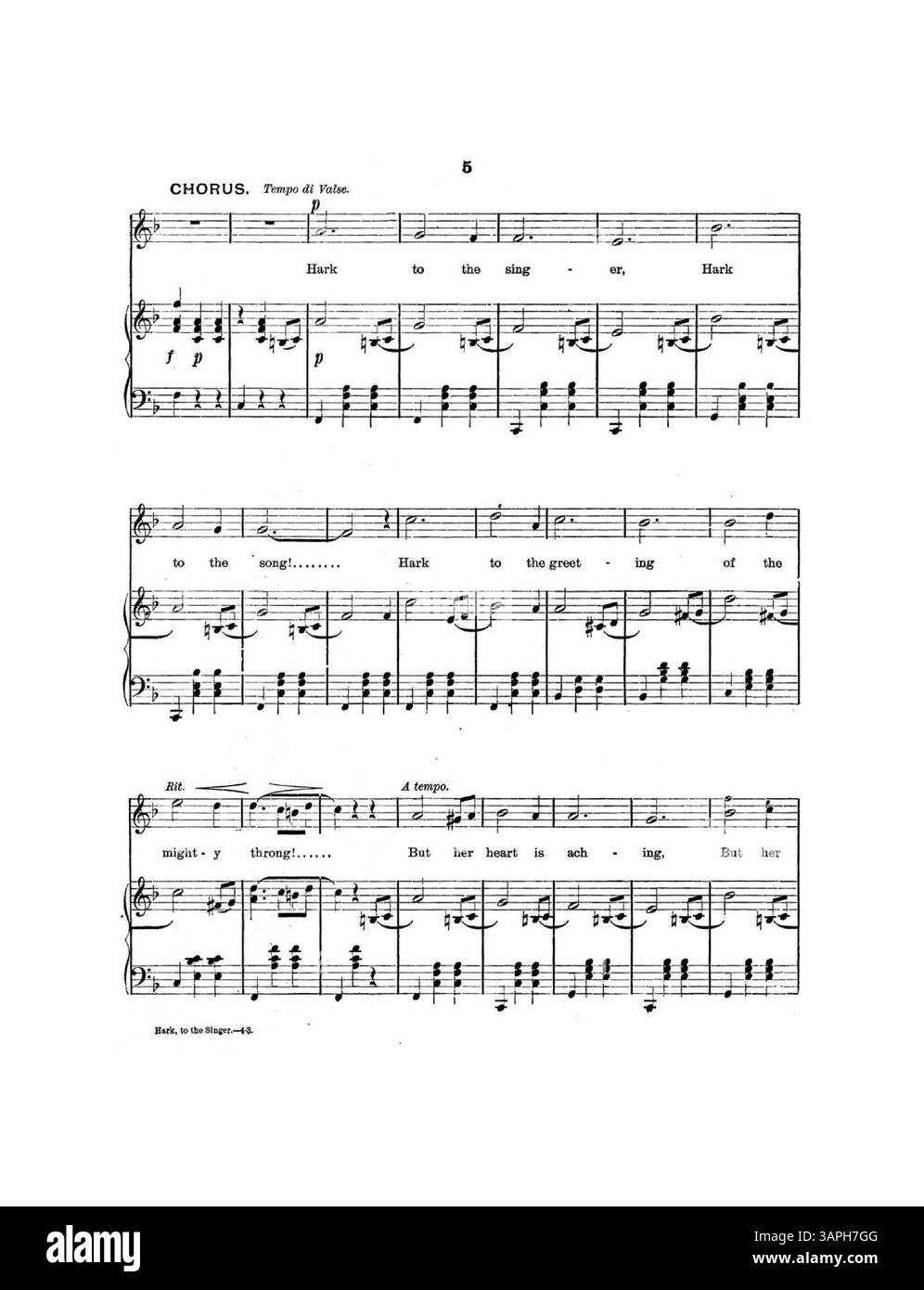 This musical piece titled 'Hark to the Singer' features a waltz with music by Marie Biro de Marion and lyrics by Arthur J. Lamb. Dedicated to Mr. Reginald Blaine, it highlights the compositions of de Marion, including 'Only Love Me' and 'Chicago Marching Club'. The back cover lists works from the Strauss Dance Collection and National Piano Duet Folio. The color in the digital image may differ from the original. Stock Photo