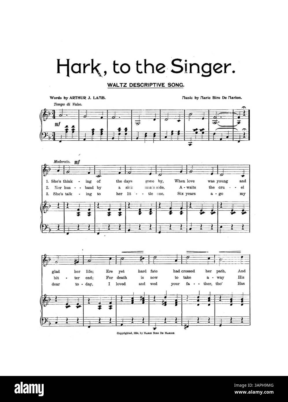 This musical piece titled 'Hark to the Singer' features a waltz with music by Marie Biro de Marion and lyrics by Arthur J. Lamb. Dedicated to Mr. Reginald Blaine, it highlights the compositions of de Marion, including 'Only Love Me' and 'Chicago Marching Club'. The back cover lists works from the Strauss Dance Collection and National Piano Duet Folio. The color in the digital image may differ from the original. Stock Photo