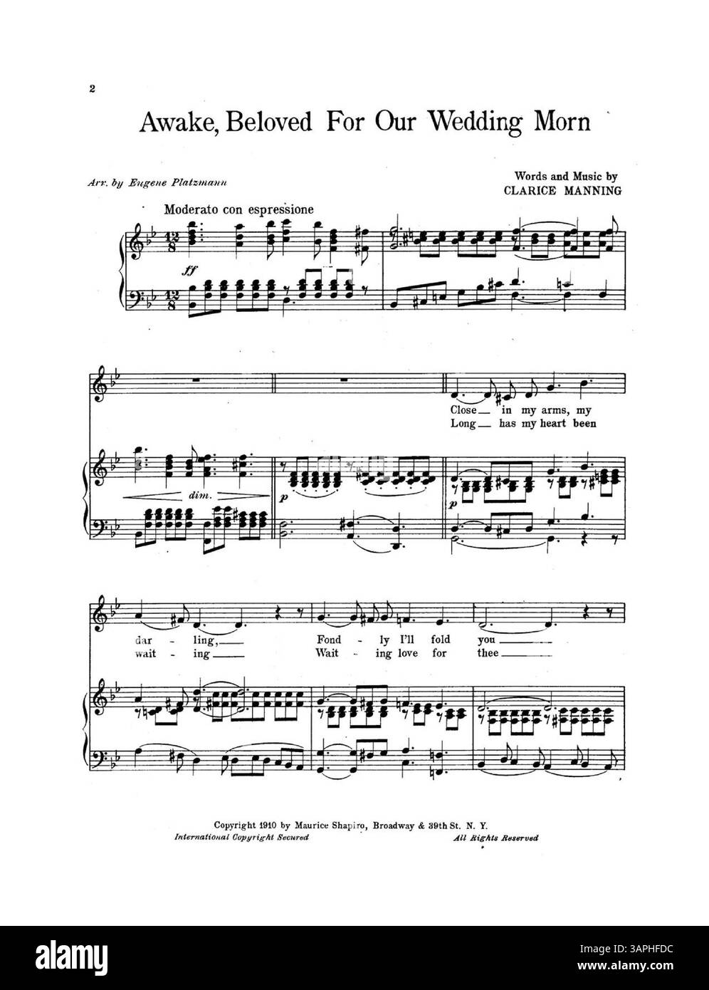 'Awake, Beloved for Our Wedding Morn,' sheet music by Clarice Manning, arranged by Eugene Platzmann. The back cover lists titles from 'The Gem Dance Folio for 1911.' Stock Photo