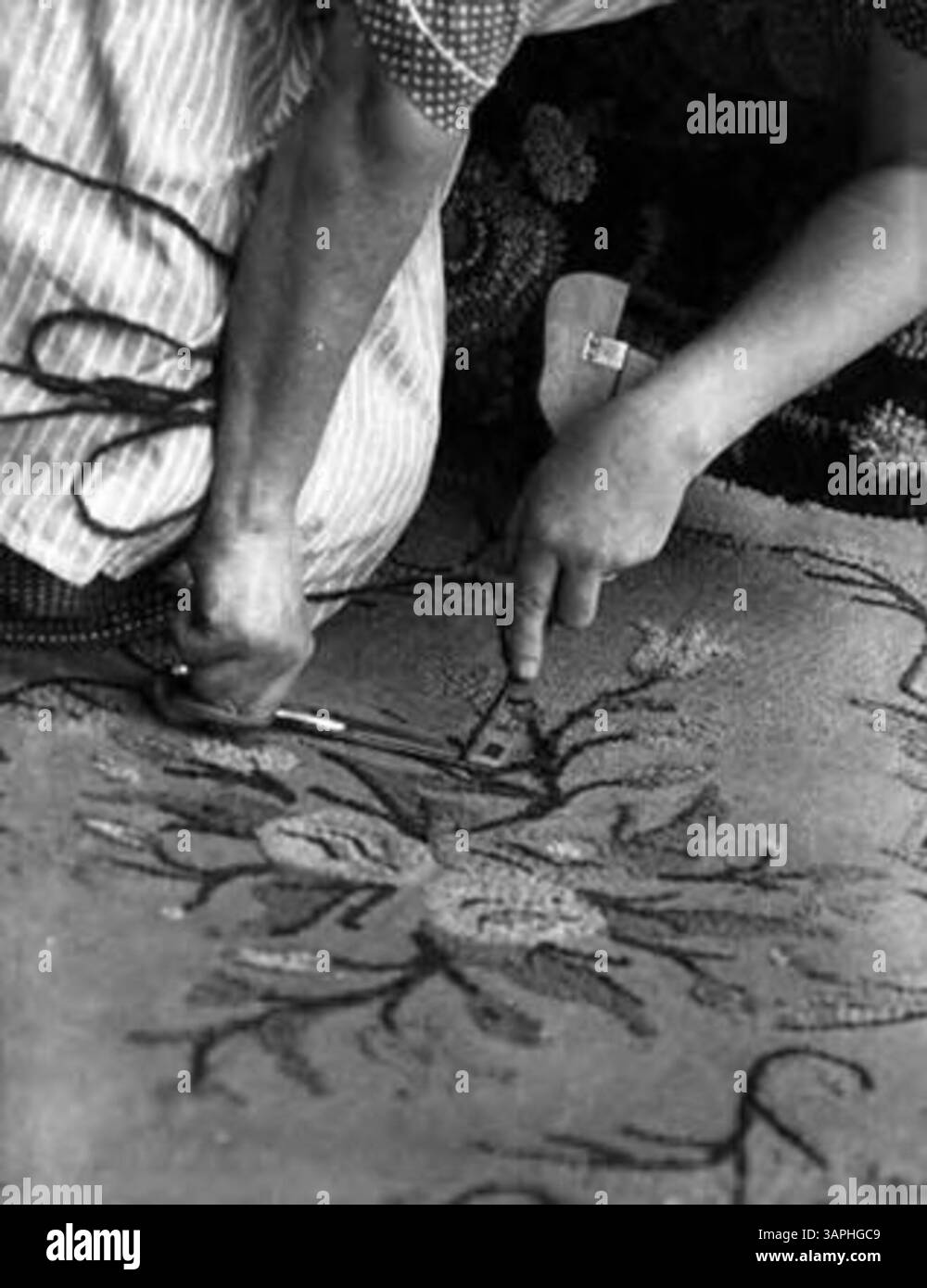 This photograph shows Mrs. Sarah Owen Anderson creating a hooked rug ...
