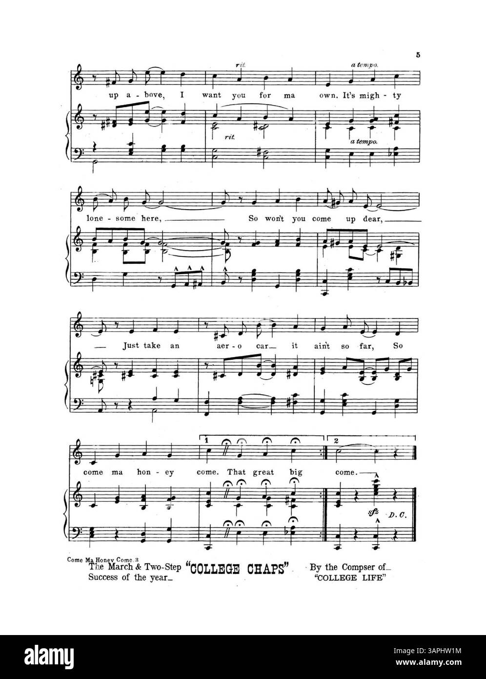 Sheet music for 'Come Ma Honey Come,' with lyrics by J.P. Sinnott and music by Verna Wilkins. Pages feature advertisements for songs like 'My Rosary of Dreams,' 'Dear Old Rose,' and 'When I Carried Your Books Home.' Inside front cover and music excerpts are included. Digital images may show color discrepancies from the original. Stock Photo