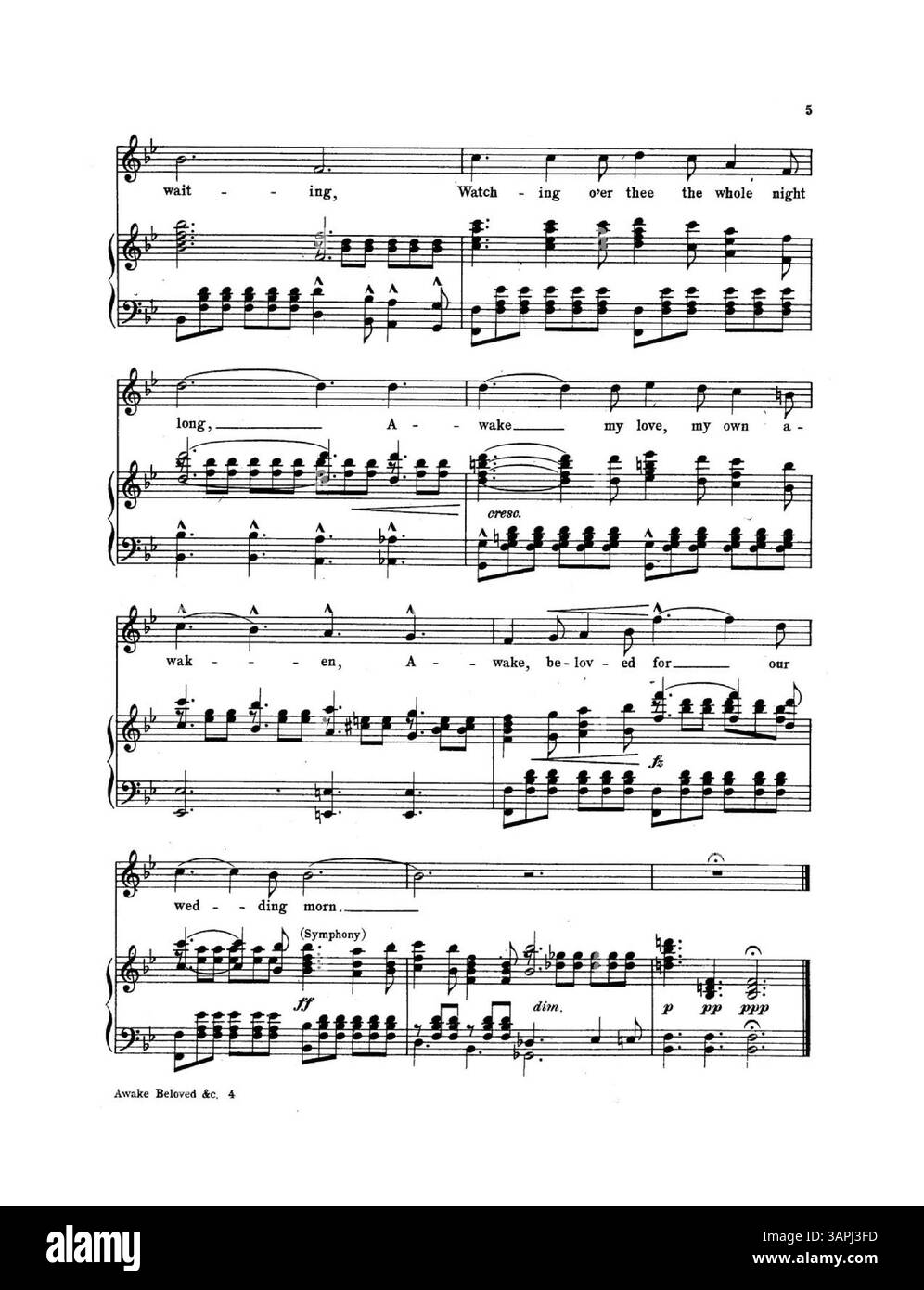 Digitized sheet music for 'Awake, Beloved for Our Wedding Morn,' written by Clarice Manning, arranged by Eugene Platzmann. The back cover includes titles from 'The Gem Dance Folio for 1911.' Stock Photo