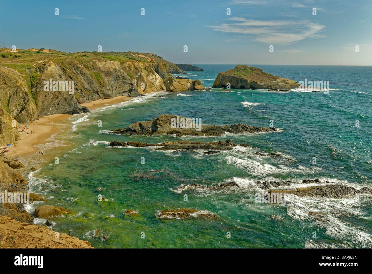 Typical rocky Atlantic shoreline of Western Portugal close to Zambujeira do Mar. Stock Photo