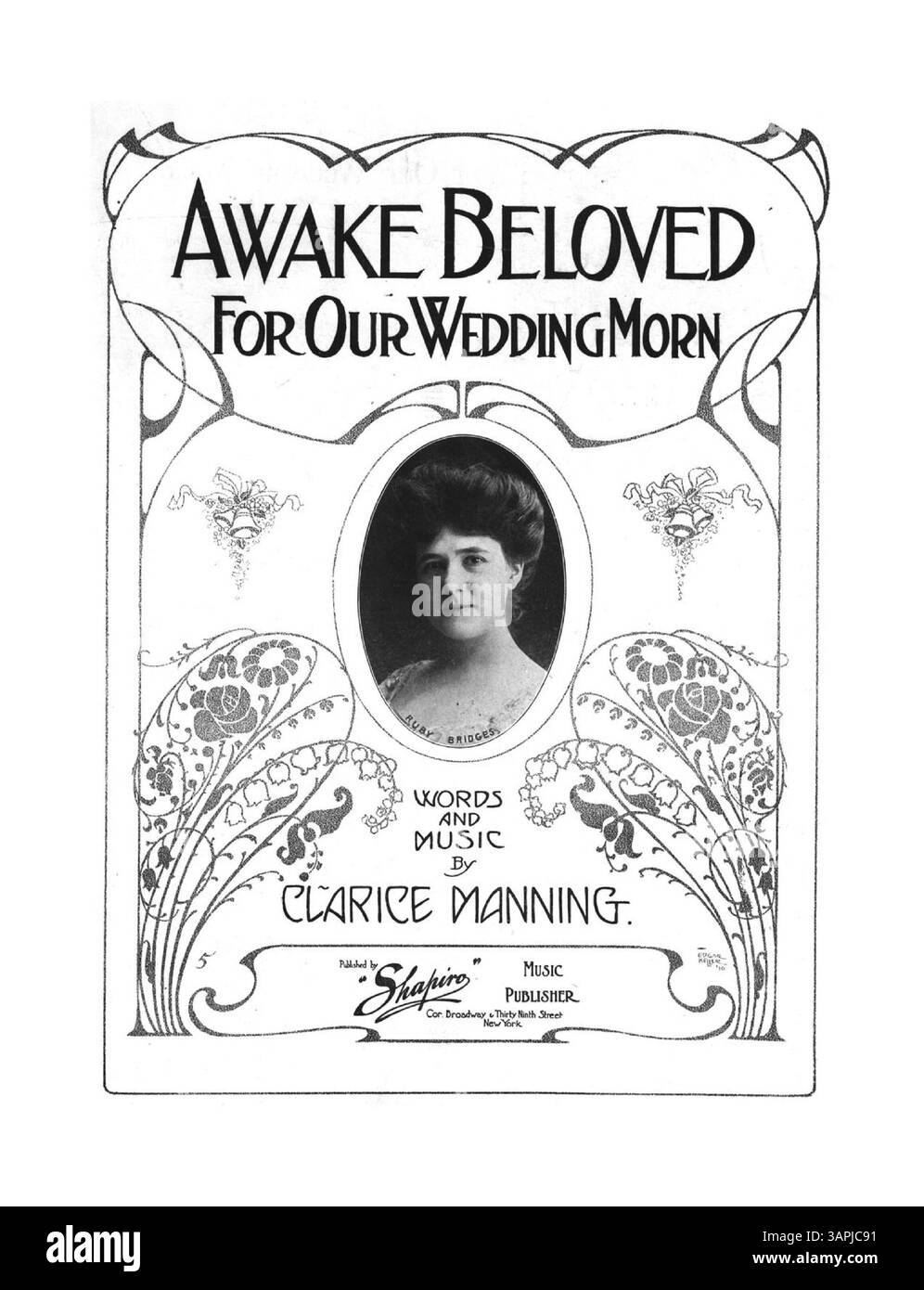 Sheet music for 'Awake, Beloved for Our Wedding Morn,' written by Clarice Manning, with arrangement by Eugene Platzmann. The back cover features a list from 'The Gem Dance Folio for 1911.' Stock Photo