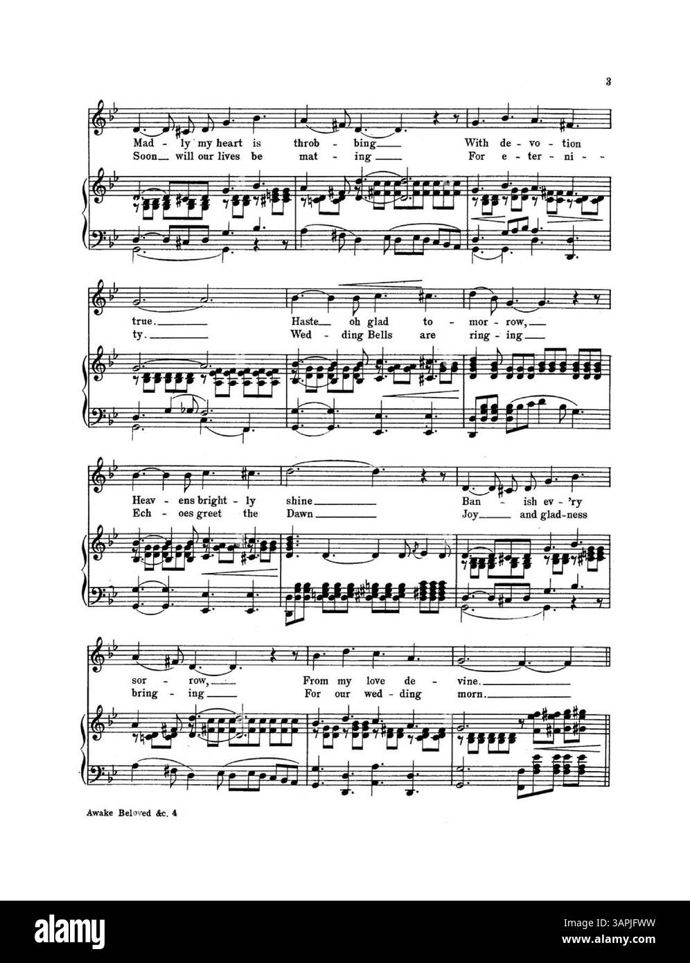Digitized sheet music for 'Awake, Beloved for Our Wedding Morn,' written by Clarice Manning, arranged by Eugene Platzmann. Includes a list of titles from 'The Gem Dance Folio for 1911' on the back cover. Stock Photo