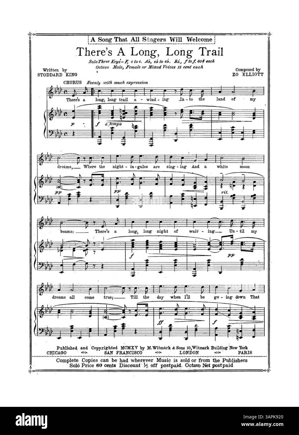 This musical work includes excerpts from four songs, with the back cover advertising 'Beautiful Irish Ballads'. It features songs like 'She's the Daughter of Mother Machree' and 'The Little Grey Mother'. The publication's plate number is 1500. Stock Photo