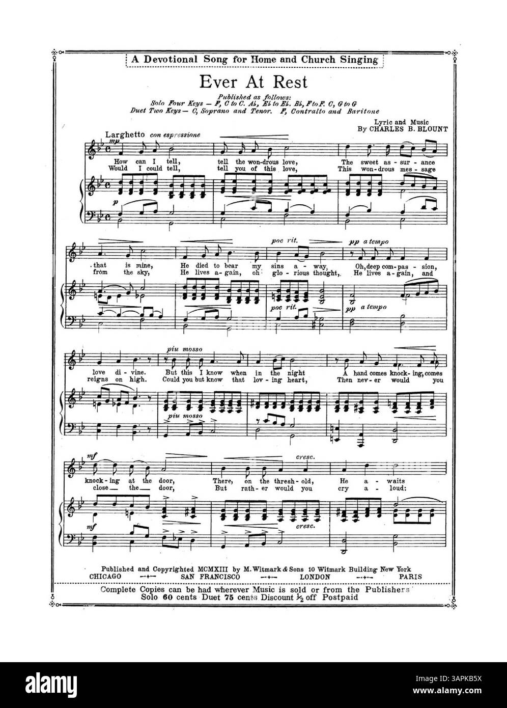 This sheet music for 'Rose Rose' features lyrics by Bliss Carman and music by Kate Vannah. It is dedicated to Madame Lilla Ormond-Dennis. The plate number is M.W. & SONS 12945. The complete song text appears before the score. The inside front cover advertises 'Ever at Rest,' a devotional song, and the inside back cover promotes sacred songs for church, home, and concert use. The back cover includes an advertisement for musical lesson books. Stock Photo