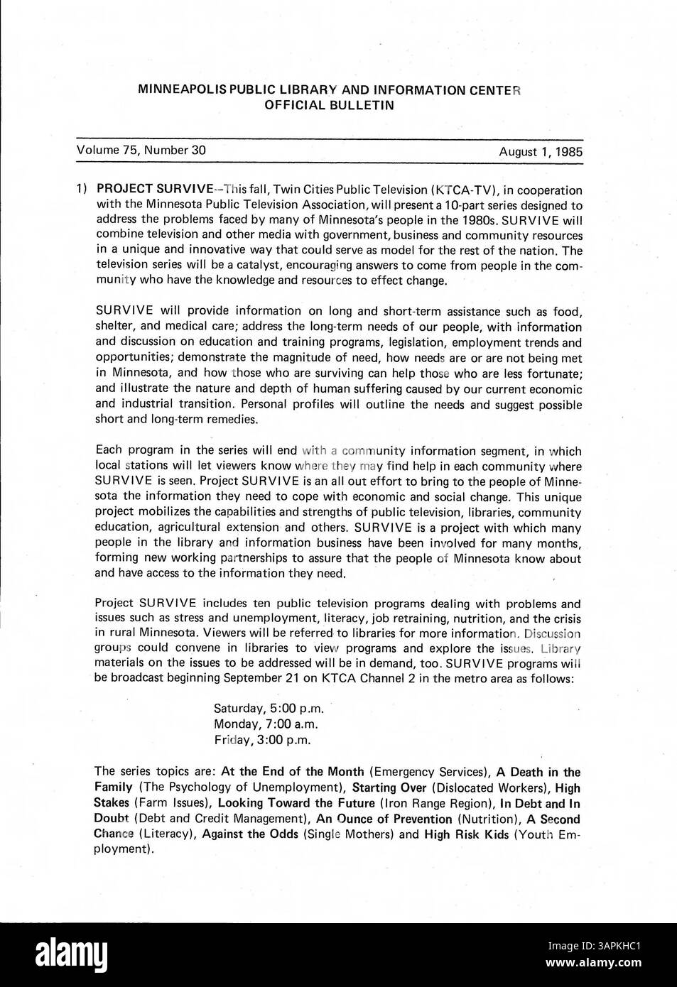 This 1985 bulletin from the Minneapolis Public Library offers weekly ...