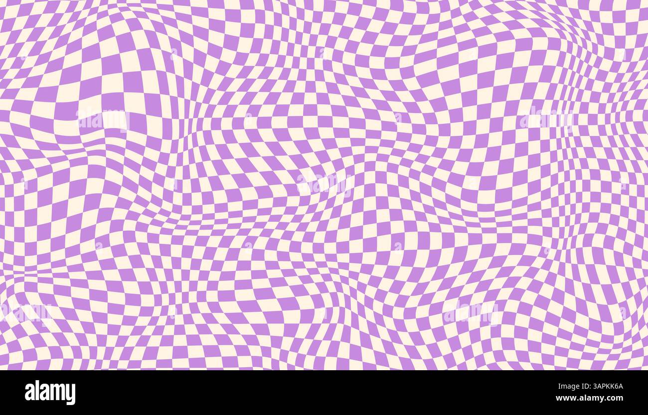 Purple groovy checker seamless pattern, wavy abstract retro checkerboard background. Trippy wave board geometric. Funky square warp y2k chess Stock Vector