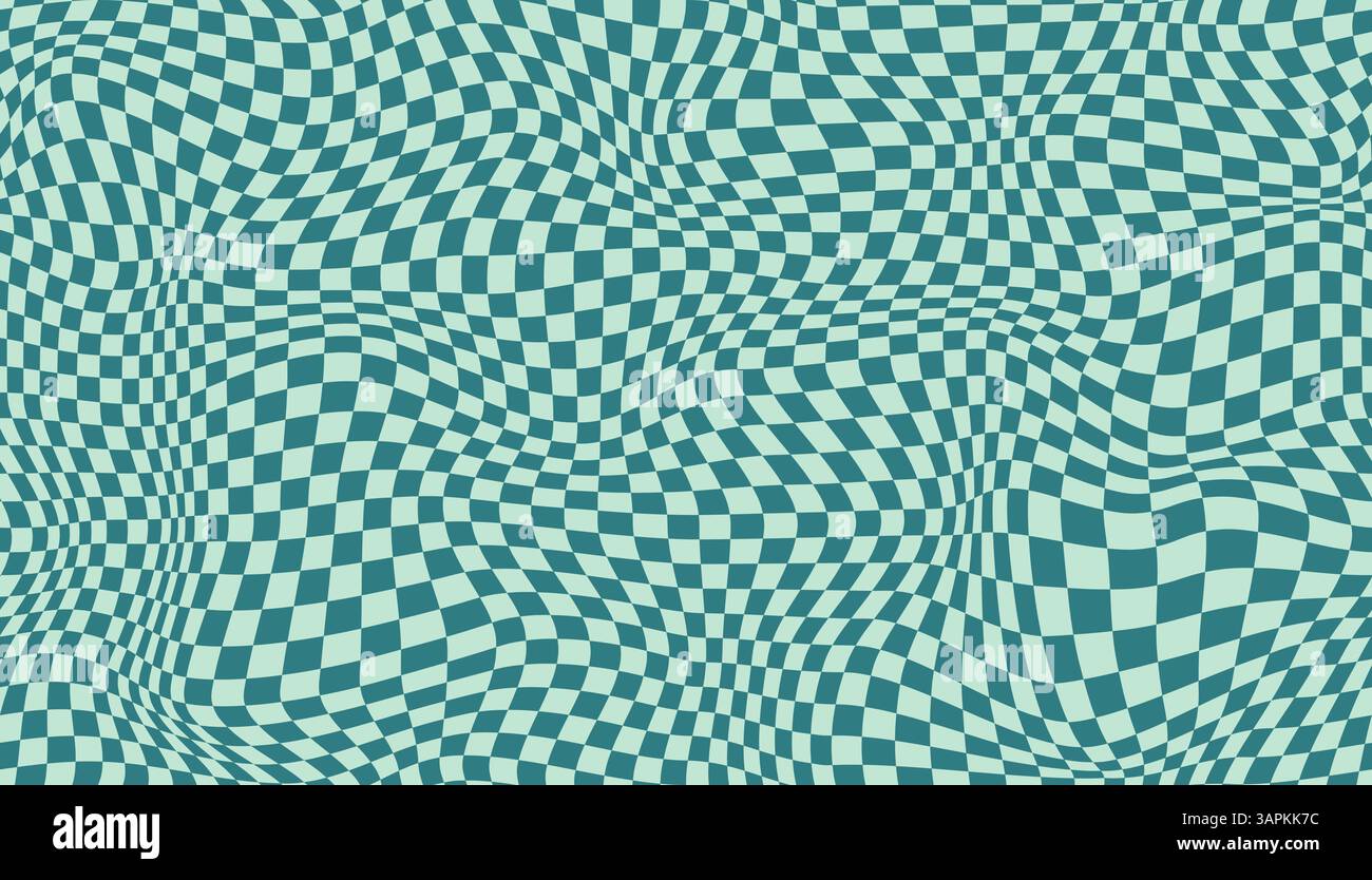 Green groovy checker seamless pattern, wavy abstract retro checkerboard background. Trippy wave board geometric. Funky square warp y2k chess Stock Vector