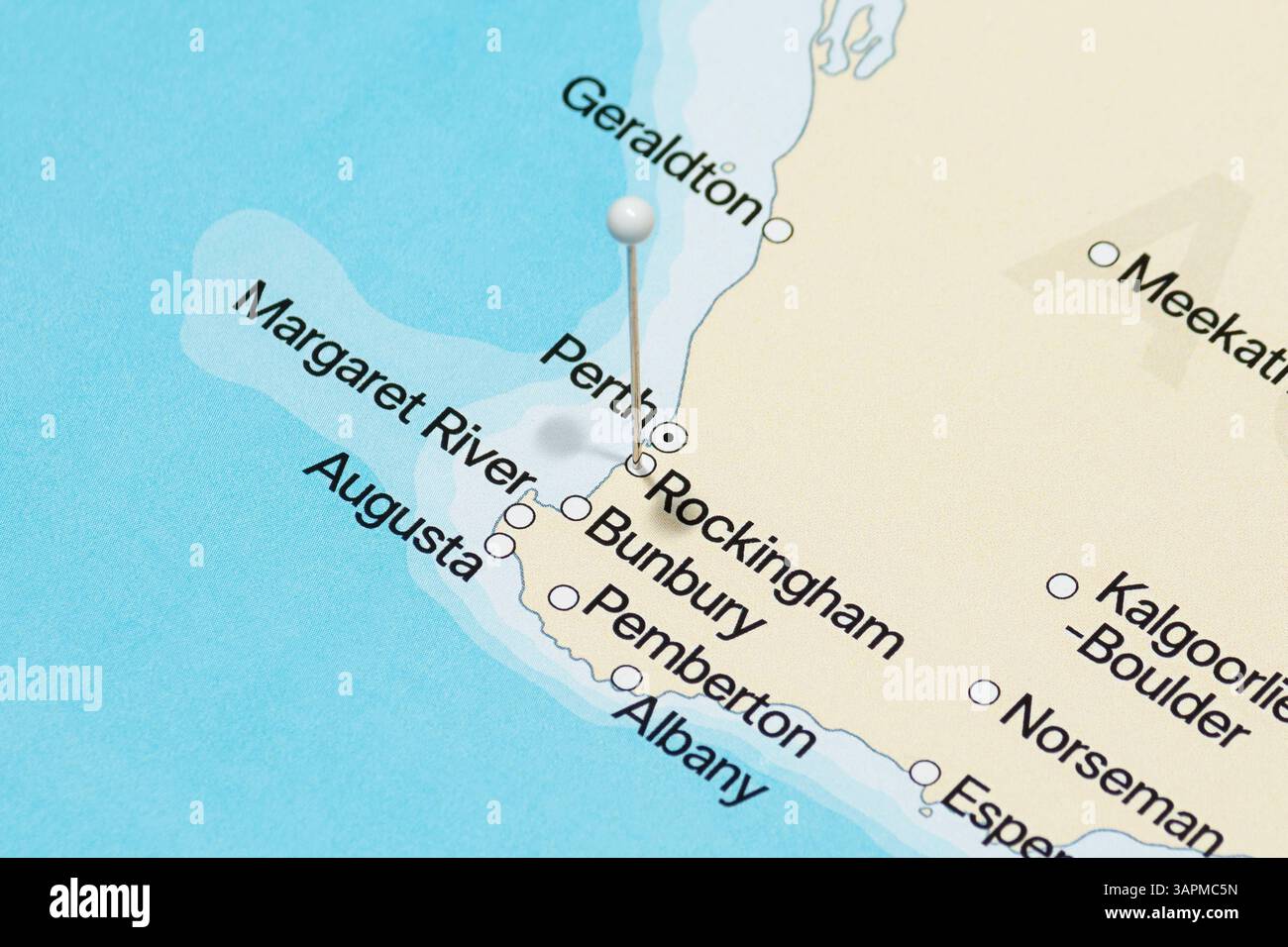 macro photo of a white pin needle into Rockingham city of Australia ...