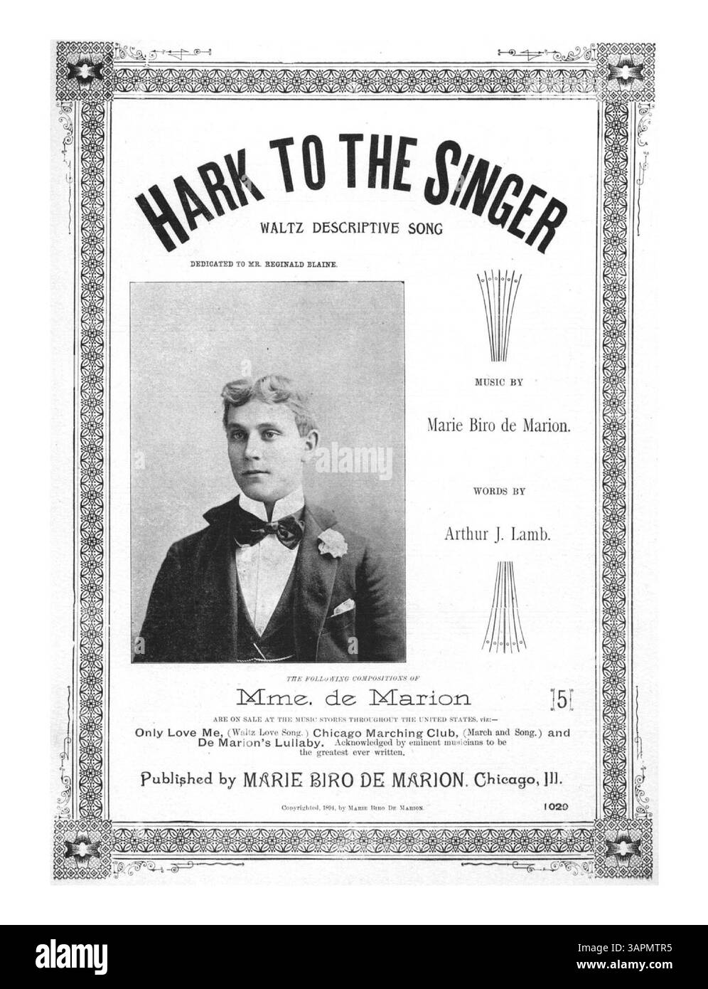 This musical piece titled 'Hark to the Singer' features a waltz with music by Marie Biro de Marion and lyrics by Arthur J. Lamb. Dedicated to Mr. Reginald Blaine, it highlights the compositions of de Marion, including 'Only Love Me' and 'Chicago Marching Club'. The back cover lists works from the Strauss Dance Collection and National Piano Duet Folio. The color in the digital image may differ from the original. Stock Photo