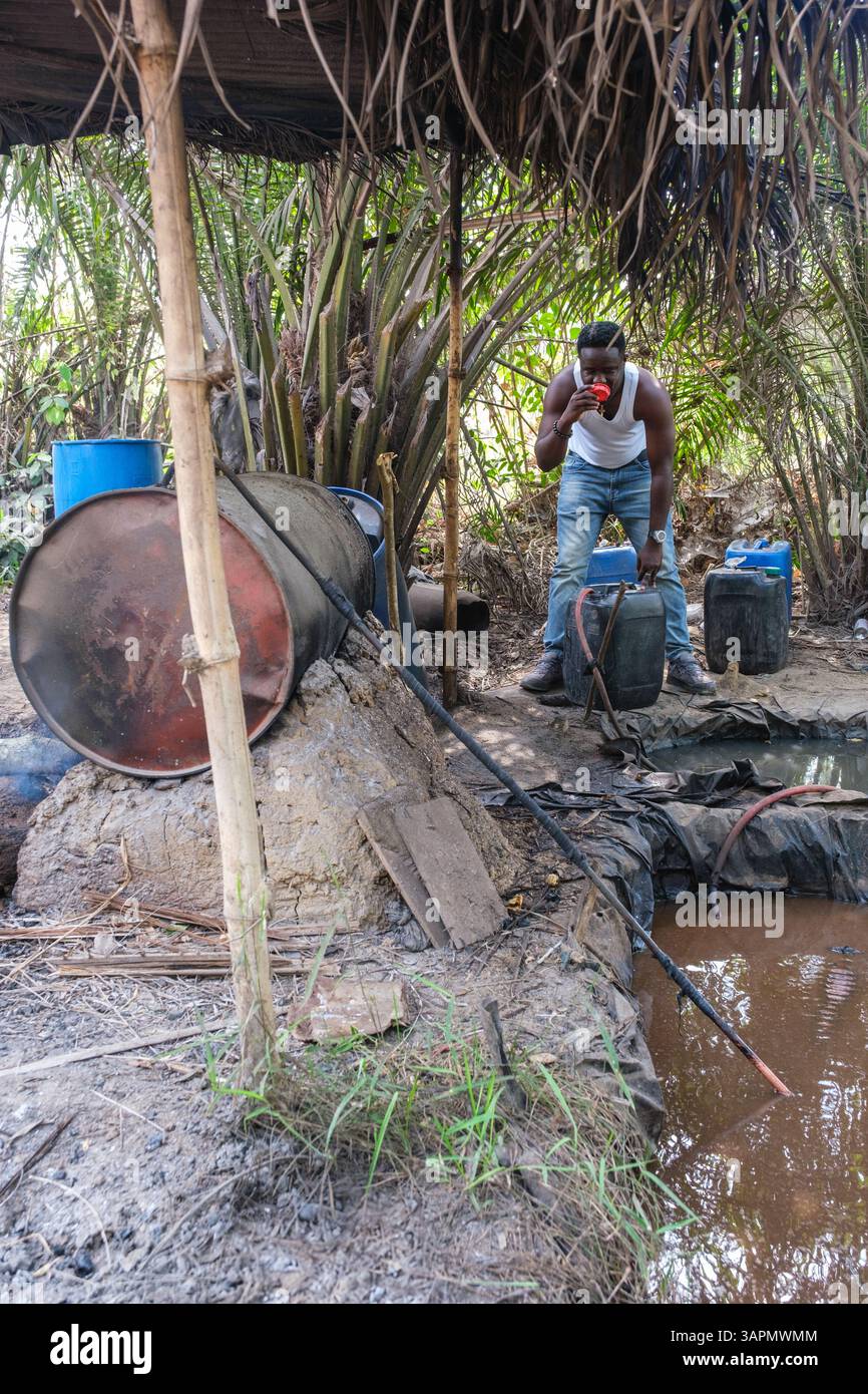 Ghana, Making Palm Wine. Vapor from Palm Sap Goes into Cooling Basin for Condensation before Bottling. Stock Photo