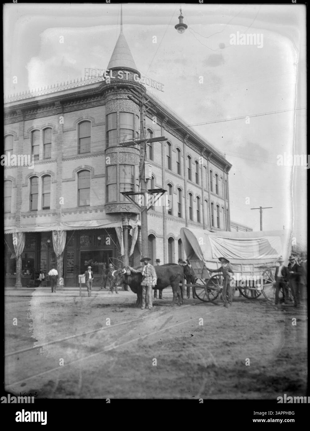 Photograph by Lee Moorhouse of Ezra Meeker with his ox team and wagon ...