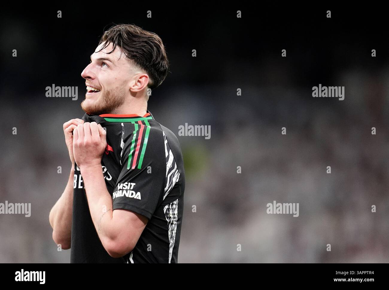 Arsenal's Declan Rice reacts whilst VAR check for a possible penalty ...