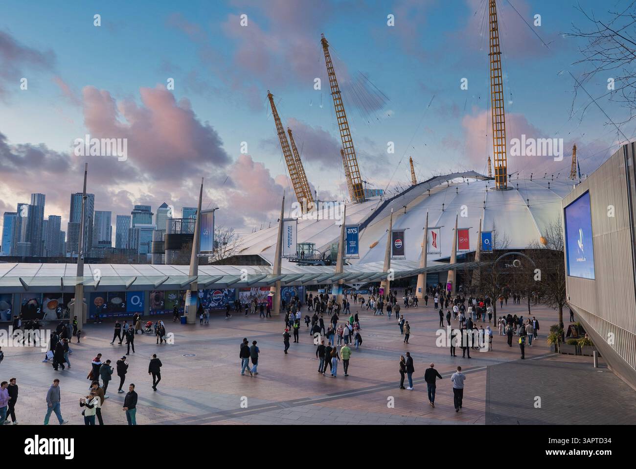 O2 Arena and Canary Wharf Skyscrapers at Sunset in London, England ...