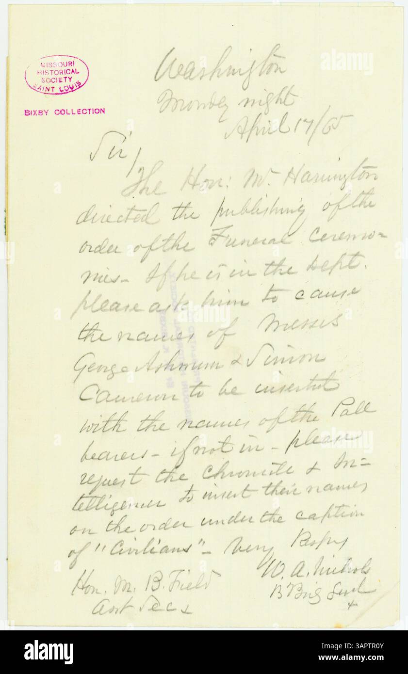 This letter, signed by W.A. Nichols, dated April 17, 1865, discusses the arrangement for the publication of Abraham Lincoln's funeral ceremonies. It mentions George Harrington's role and the inclusion of pallbearer names in the order. Stock Photo