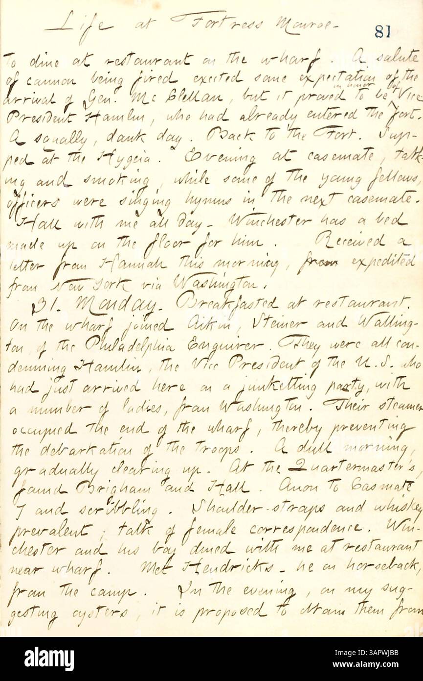 Excerpt from Thomas Butler Gunn Diaries, Volume 19, pages 95-96, describing Gunn’s time at Fortress Monroe, interactions with officials, and a visit from Vice-President Hannibal Hamlin. The diary entry provides insights into daily life during the Civil War. Stock Photo